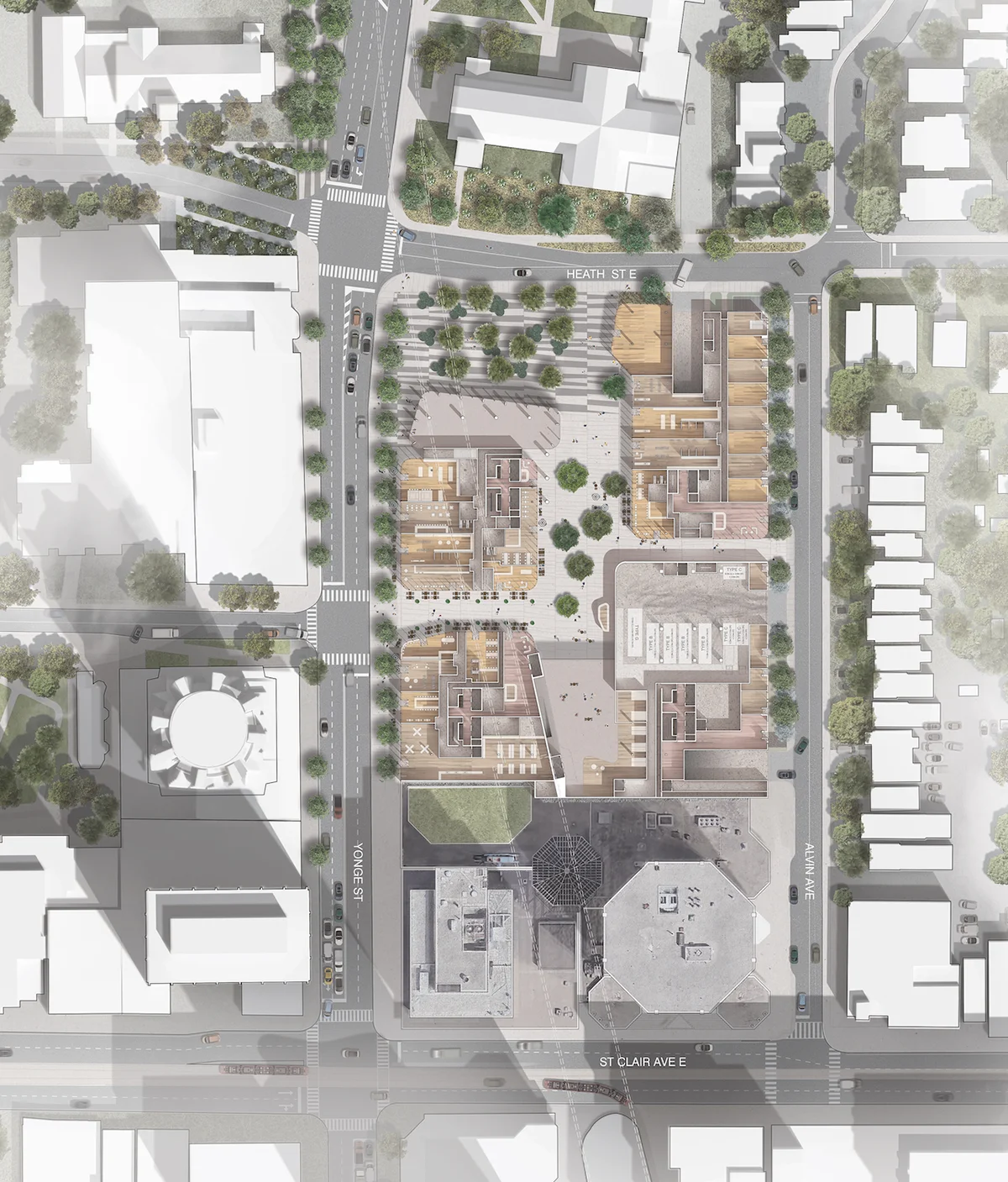 Plan of redevelopment of NW corner of Yonge-Heath and Alvin Avenues showing location of 3 highrise towers.